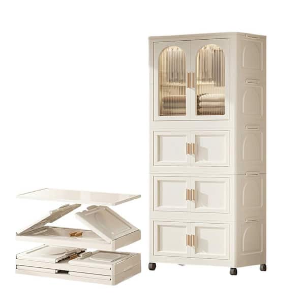 25.6 in. W x 15.8 in. D x 70.8 in. H Cream White Linen Cabinet On Wheels