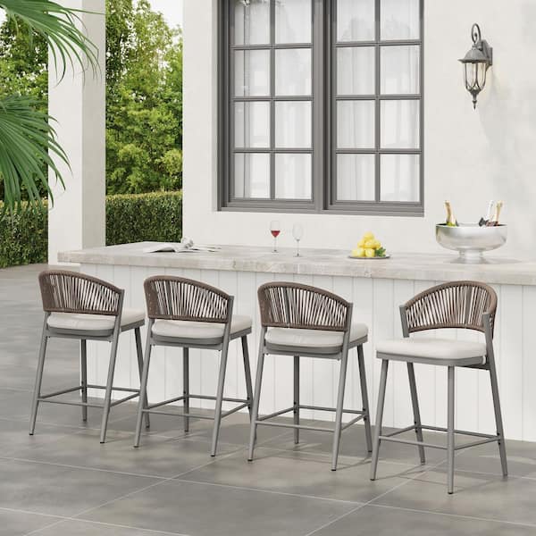 CHRISTOPHER KNIGHT HOME Roger 26 in. Patio PE Rattan and Metal Outdoor Bar Stools with Beige Cushions, Matte Grey, (Set of 4)