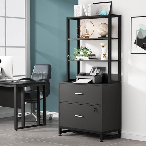 TRIBESIGNS WAY TO ORIGIN Cindy 2-Drawer Black Wood 29 in. W Vertical File Cabinet Printer Stand with 4 Shelves Storage for Home Office Workplace