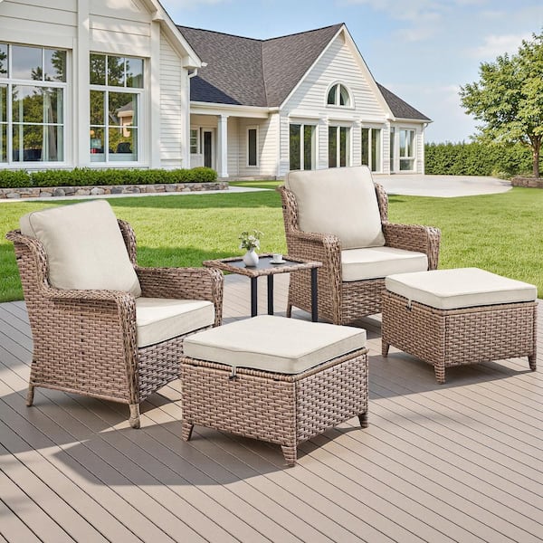 Buenaola Wieze 5-Piece Wicker Patio Conversation Set with Ottomans and Side Table, Outdoor Seating Group with Beige Cushions