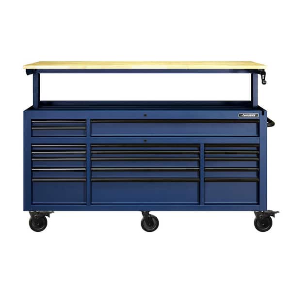 Husky 72 in. 18-Drawer Mobile Workbench with Adjustable-Height Solid Wood Top in Matte Blue