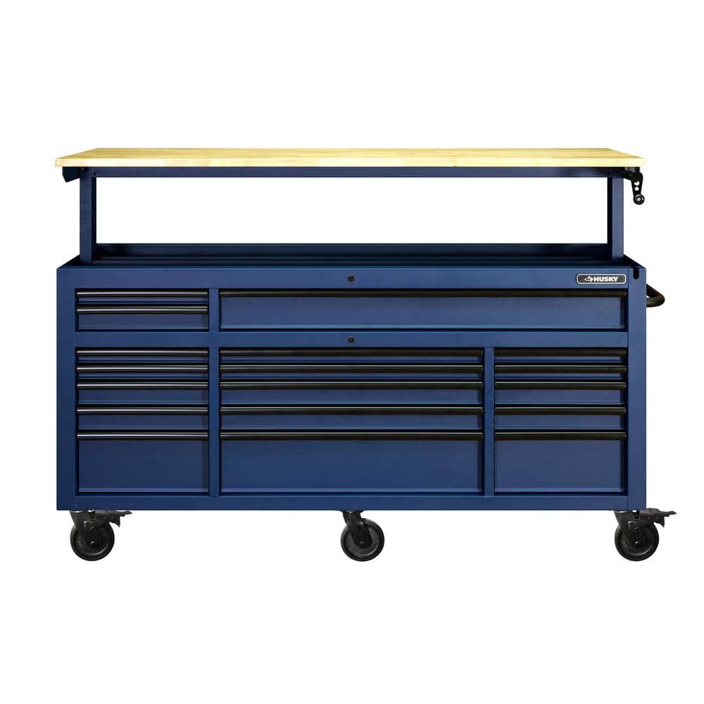 72 in. W x 24 in. D Heavy Duty 18-Drawer Adjustable Height Mobile Workbench with Solid Wood Top in Matte Blue -  Husky, HOLC7218BL1M