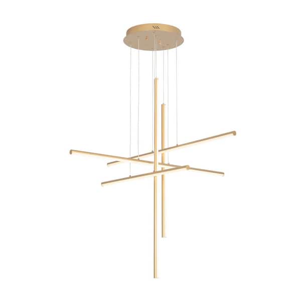 5 Lights Linear Gold Modern LED Dimmable Chandelier for Stairs Entrance Restaurant, Round Ceiling Plate