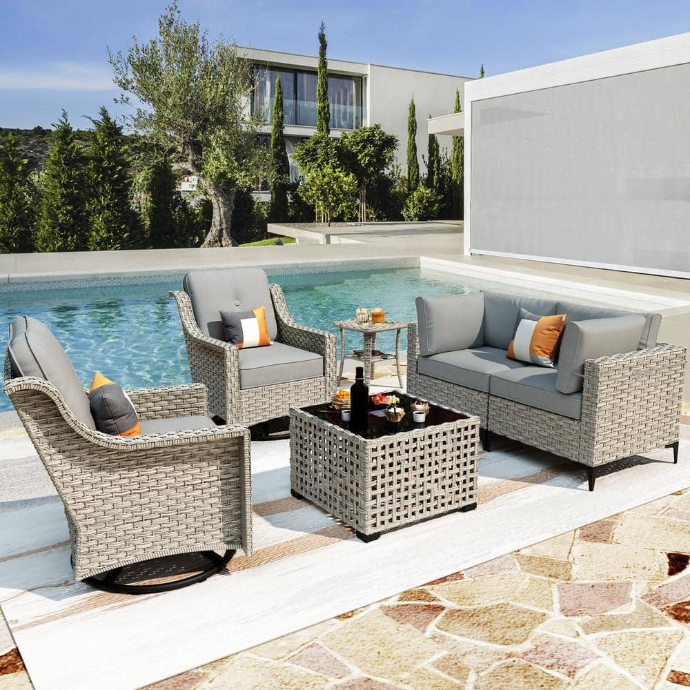 Thor 6-Piece Wicker Patio Conversation Seating Sofa Set with Dark Gray Cushions and Swivel Rocking Chairs price history on PriceWatchPro