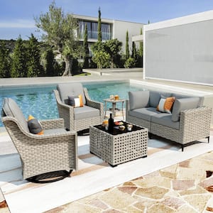 Thor 6-Piece Wicker Patio Conversation Seating Sofa Set with Dark Gray Cushions and Swivel Rocking Chairs