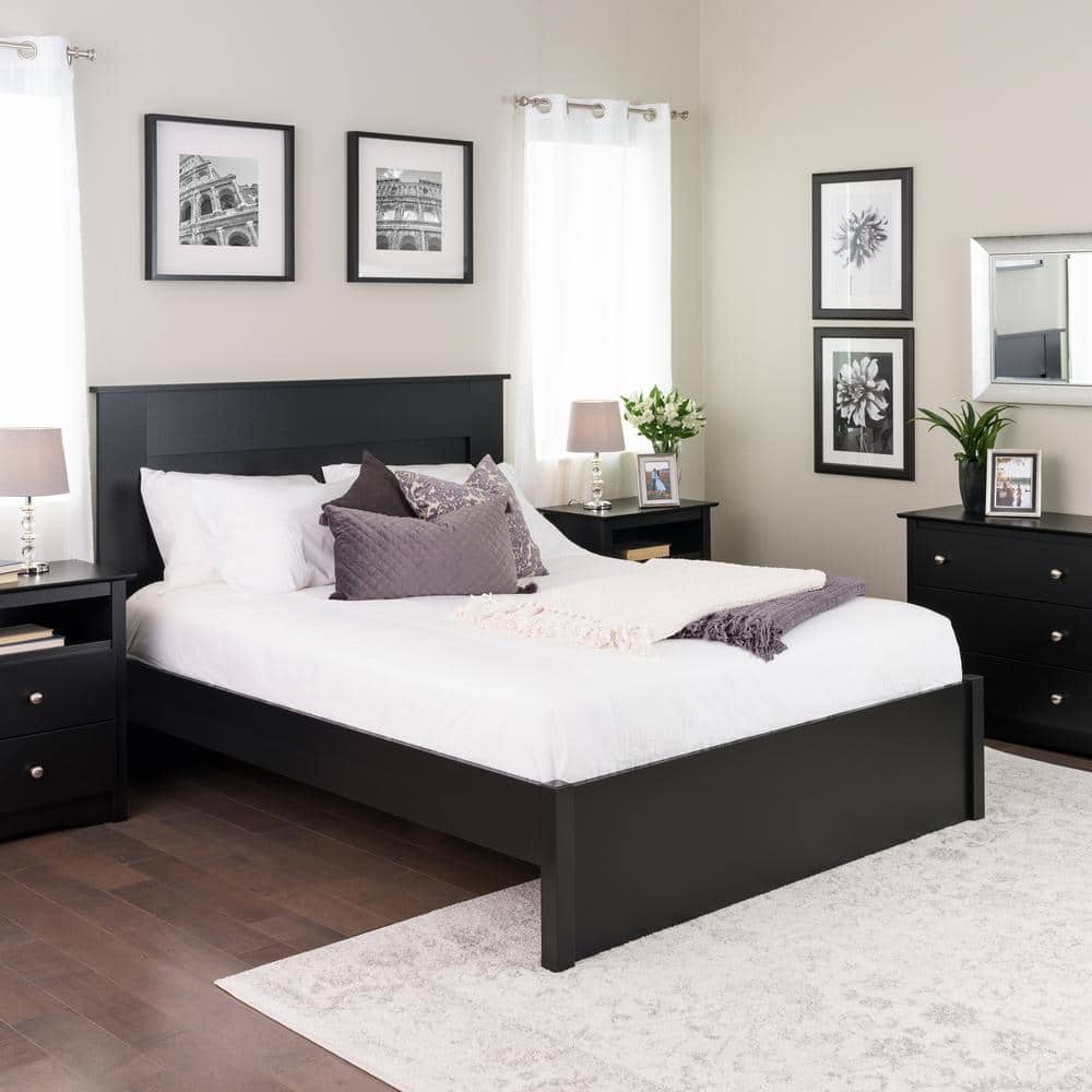 Deep Black Queen Platform Bed with Storage Drawers