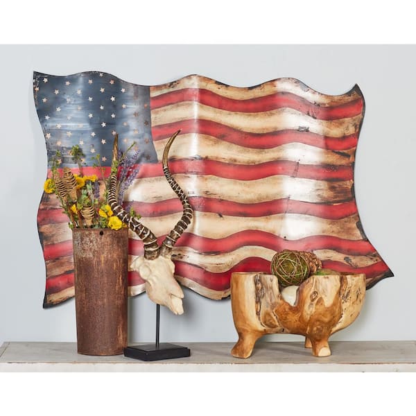 Litton Lane 27 in. x 41 in. Red Metal Vintage American Flag Wall Decor