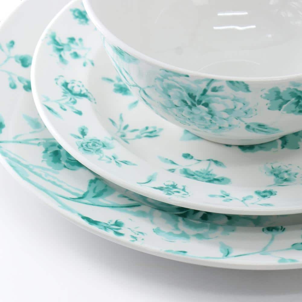 Teal Floral Porcelain 12-Piece Round Dinnerware Set