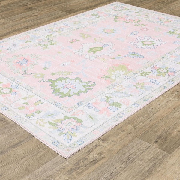 Atlantis Pink/Green 2 ft. x 7 ft. Vintage Oriental Distressed Polyester Machine Washable Indoor Runner Area Rug