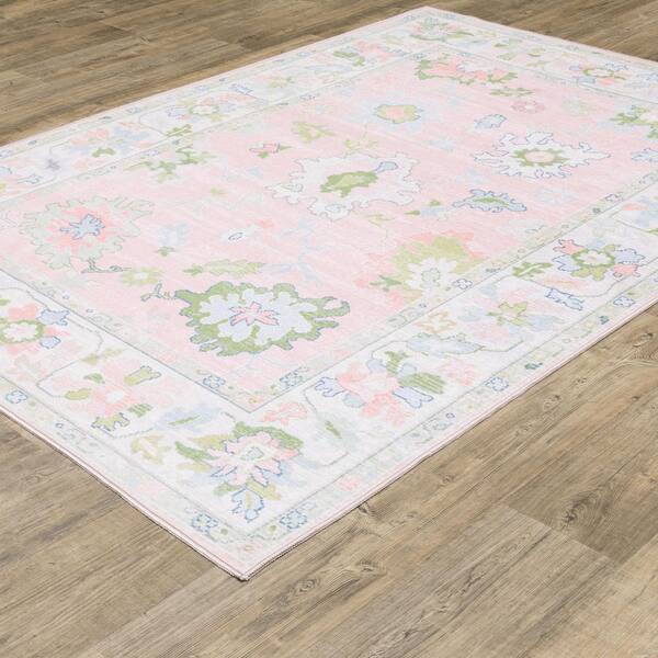 Atlantis Pink/Green 4 ft. x 6 ft. Vintage Oriental Distressed Polyester Machine Washable Indoor Area Rug
