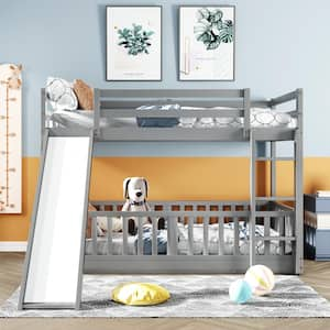 Gray Twin Over Twin Multi-functional Bunk Beds with Slide and Ladder, Sturdy Wood Twin Kids Bunk Bed Frame with Saferail