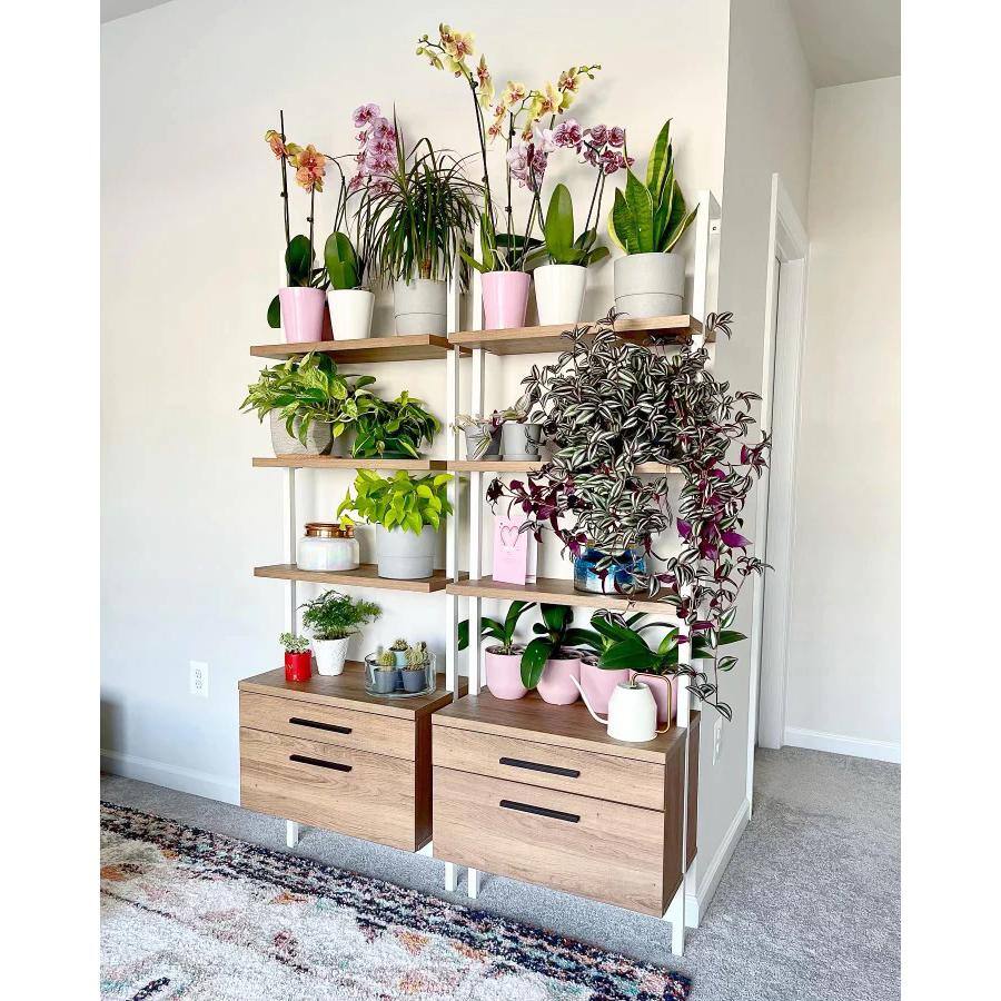 Theo Oak and White 3-Tier Ladder Bookshelf with Storage Drawers