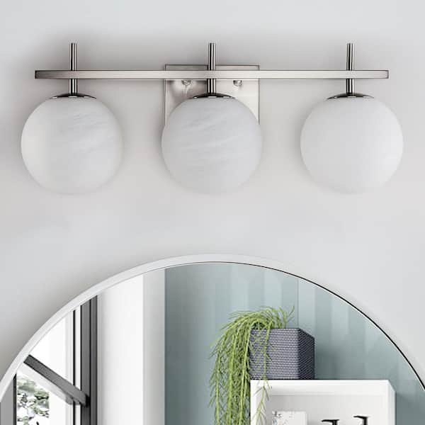 Raleigh 22 in. 3-Light Modern Electroplating Satin Nickel Dimmable Vanity Light with White Cloud Glass Lampshade