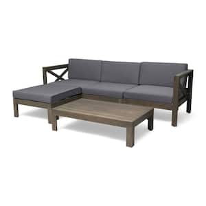 Acacia Wood Outdoor Sofa Sectional Set with Gray Water-Resistant Cushions and Table