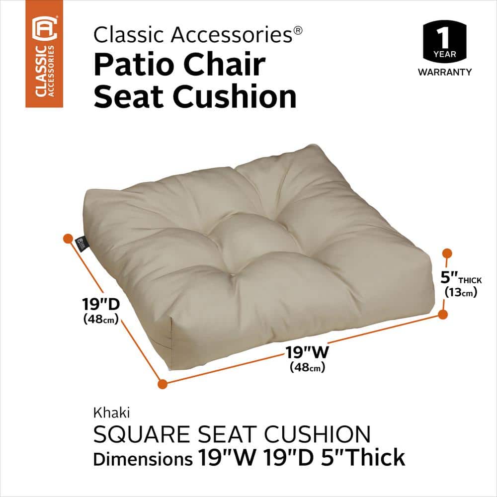 Khaki Water-Resistant Polyester Square Patio Seat Cushions, 19 x 19 x 5 Inch, 2-Pack