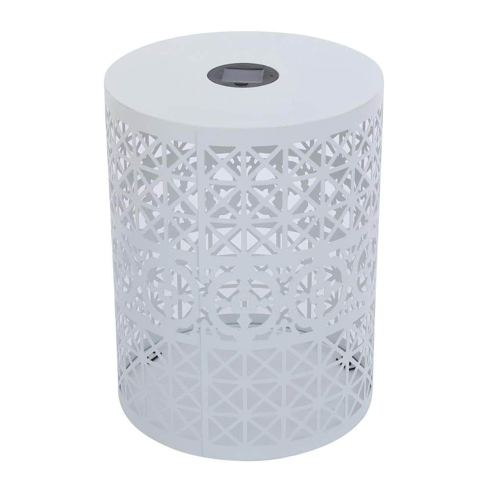 GAWEZA White Round Metal 16.50 in. Outdoor Side Table Accent Table with Solar Light
