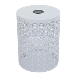 White Round Metal 16.50 in. Outdoor Side Table Accent Table with Solar Light