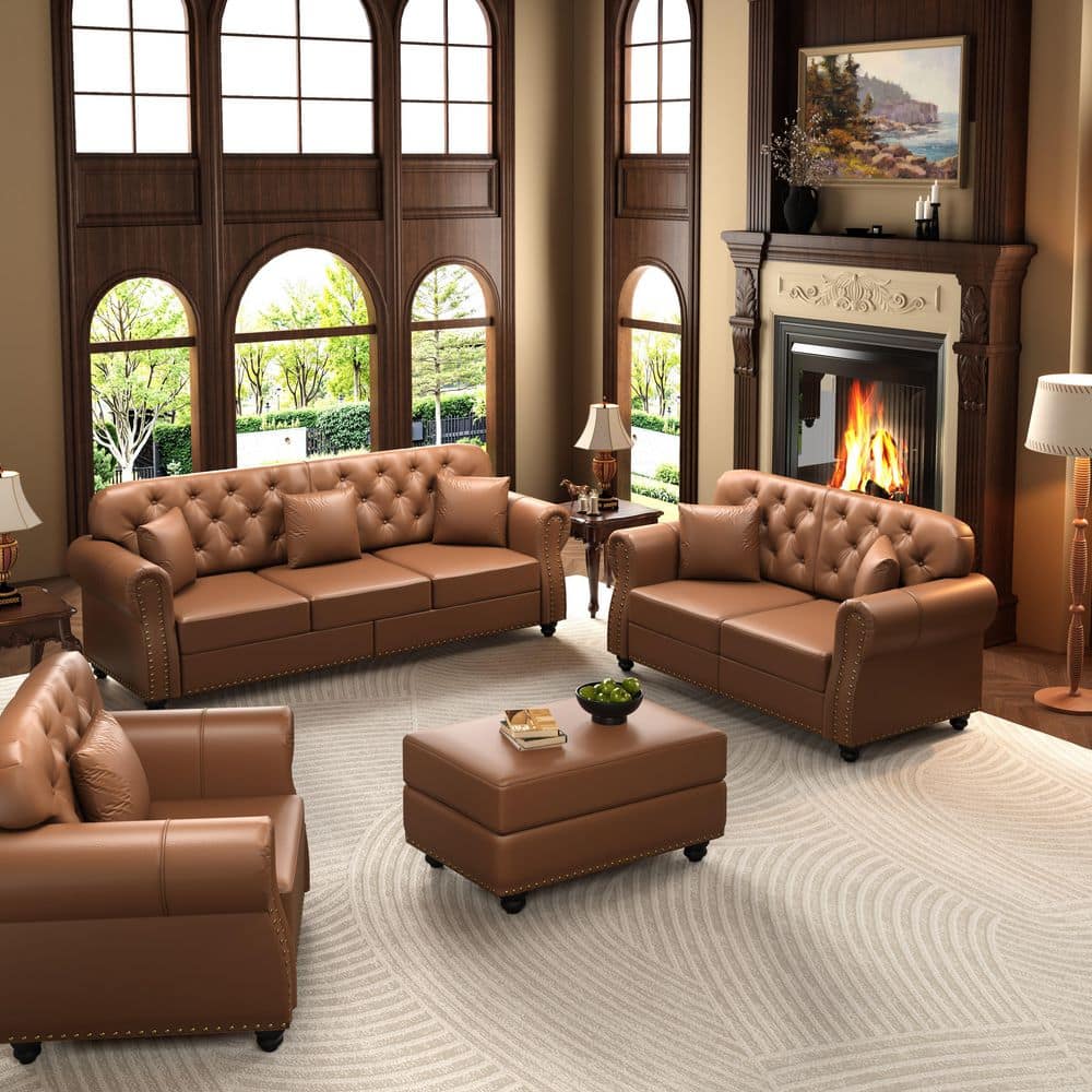 82.6 in. Rolled Arm Faux Leather Sofa in Brown with Nailhead Trim,Rolled Armrests,1Ottoman Tufted and 5 Pillows