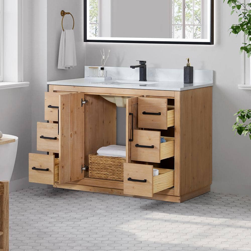 Anais Light Brown Wood Bathroom Vanity with White Stone Countertop, 48 inch