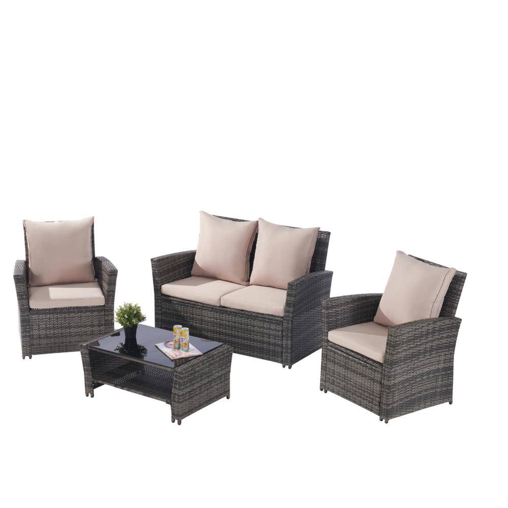 Gray 4-Piece Wicker Patio Conversation Set with Sand Color Thick Cushion an