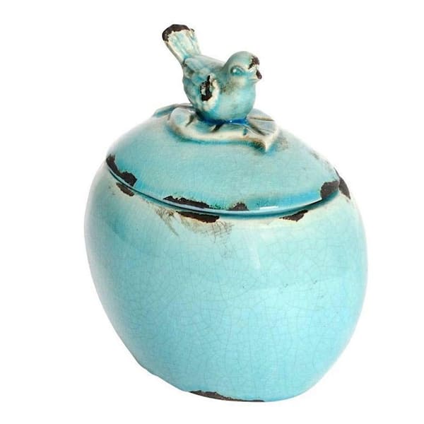 Generic unbranded Oval 5 in. W x 7 in. H Turquoise Ceramic Bird Lidded Jar