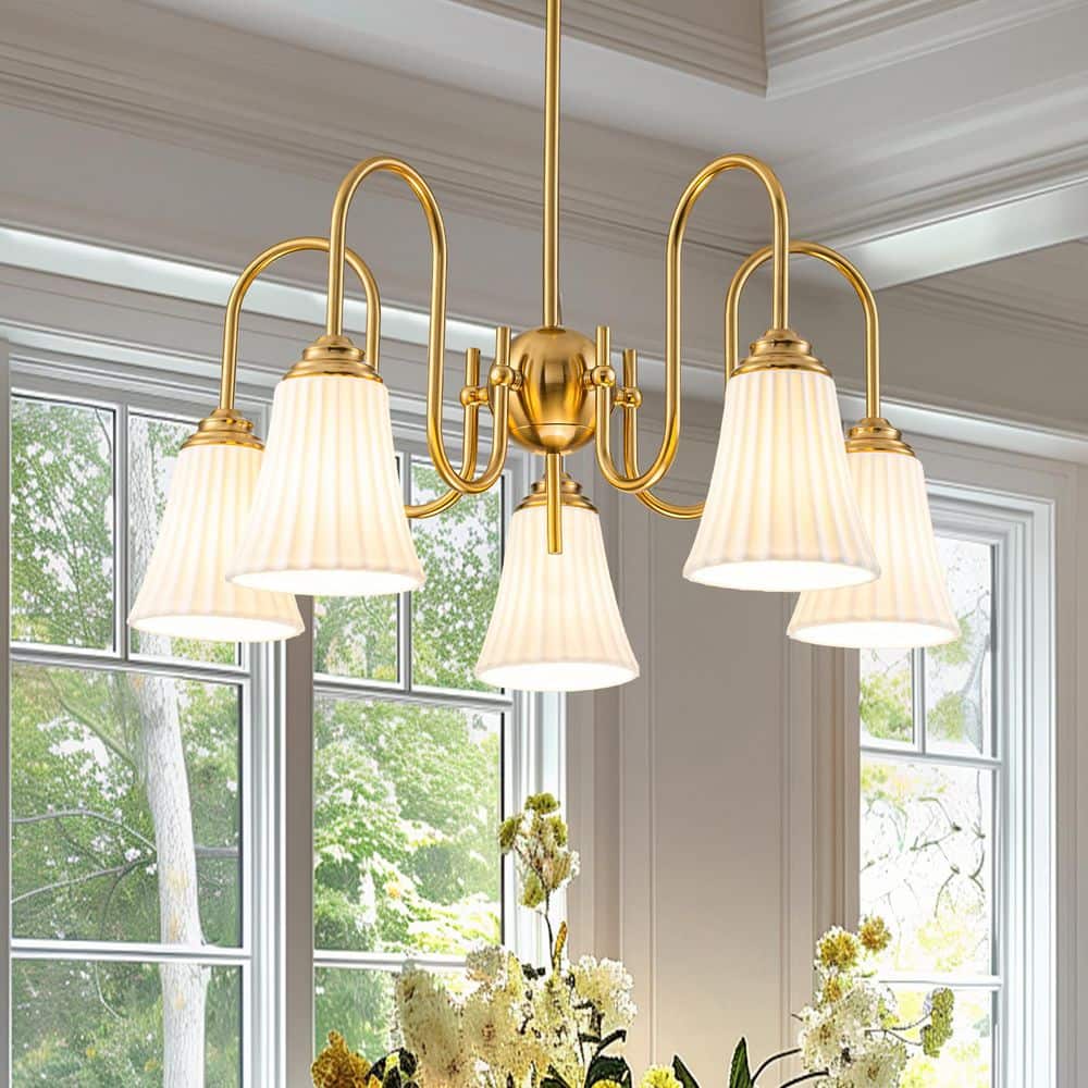 25.6 in. 5-Light Modern Gold Chandelier with Bell Ceramic Striped Shades for Living Room price history on PriceWatchPro