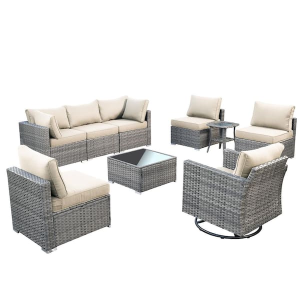 Sanibel Gray 9-Piece Wicker Outdoor Patio Conversation Sofa Set with a Swivel Rocking Chair and Beige Cushions