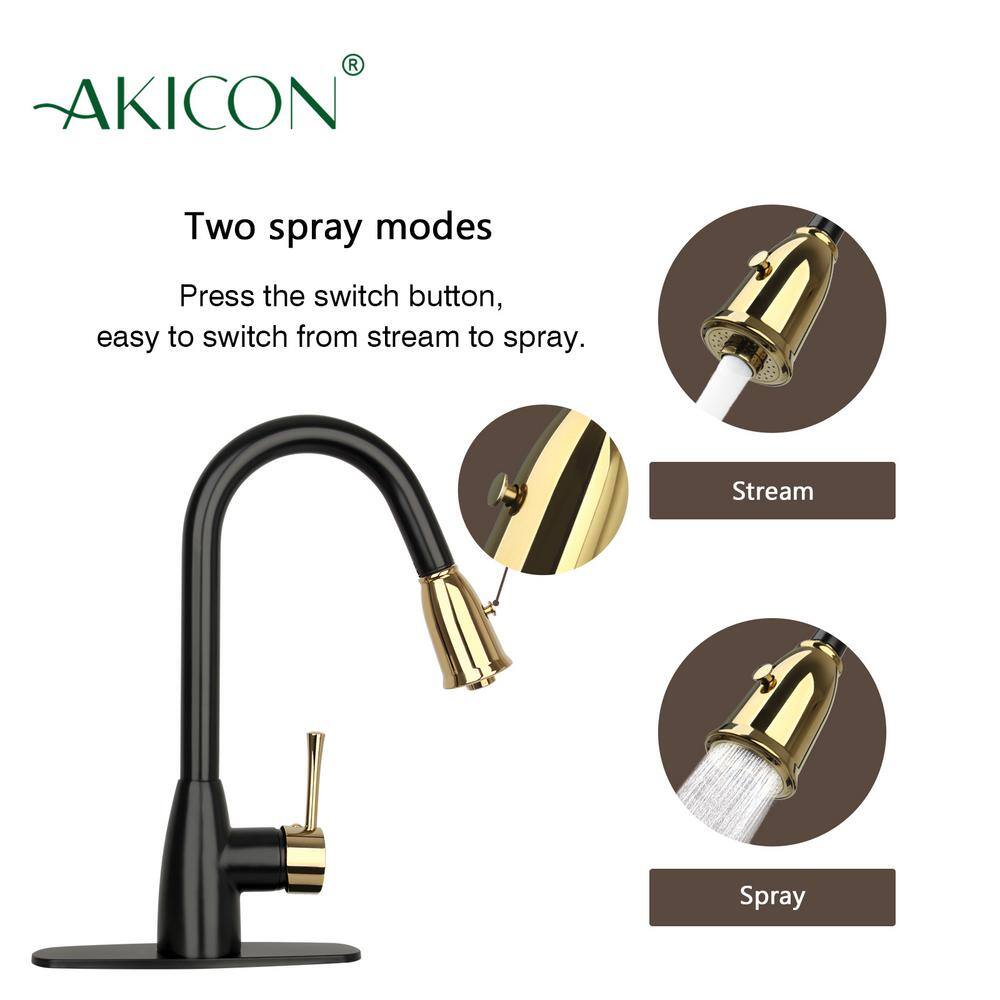 Matte Black and Gold Brass Kitchen Faucet with Pull Down Sprayer