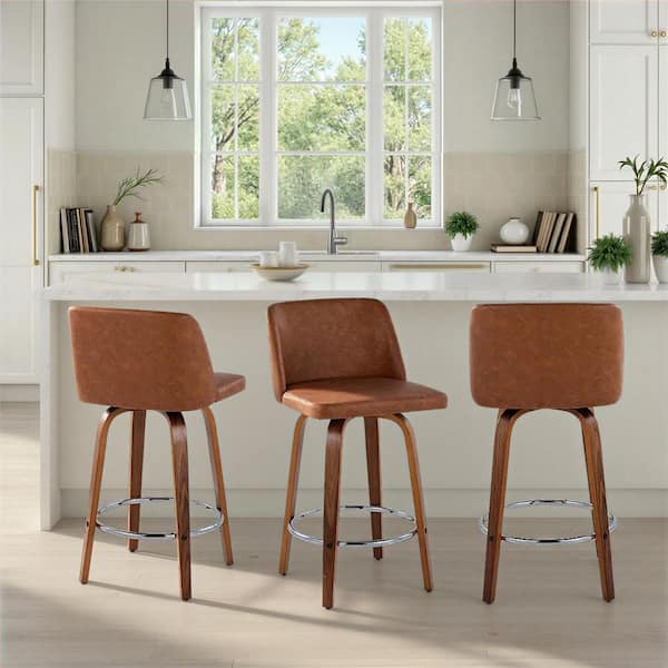 Toriano 35.25 in. Camel Faux Leather, Walnut Wood & Chrome Metal Fixed-Height Counter Stool (Set of 2)