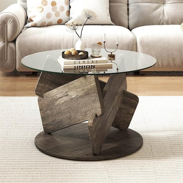 32 in. Gray Round Glass Round Glass Coffee Table Modern Center Table with Clear Tempered Glass Top