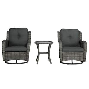 Wicker Taupe Patio Swivel Outdoor Rocking Chair Set with Dark Gray Cushions and Table (Set of 2)