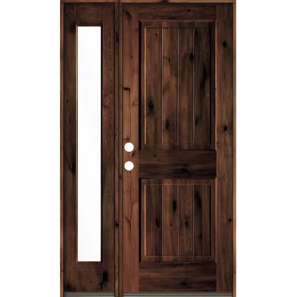 Krosswood Doors 46 in. x 80 in. Rustic Knotty Alder Right-Hand/Inswing Clear Glass Red Mahogany Stain Wood Prehung Front Door w/Sidelite
