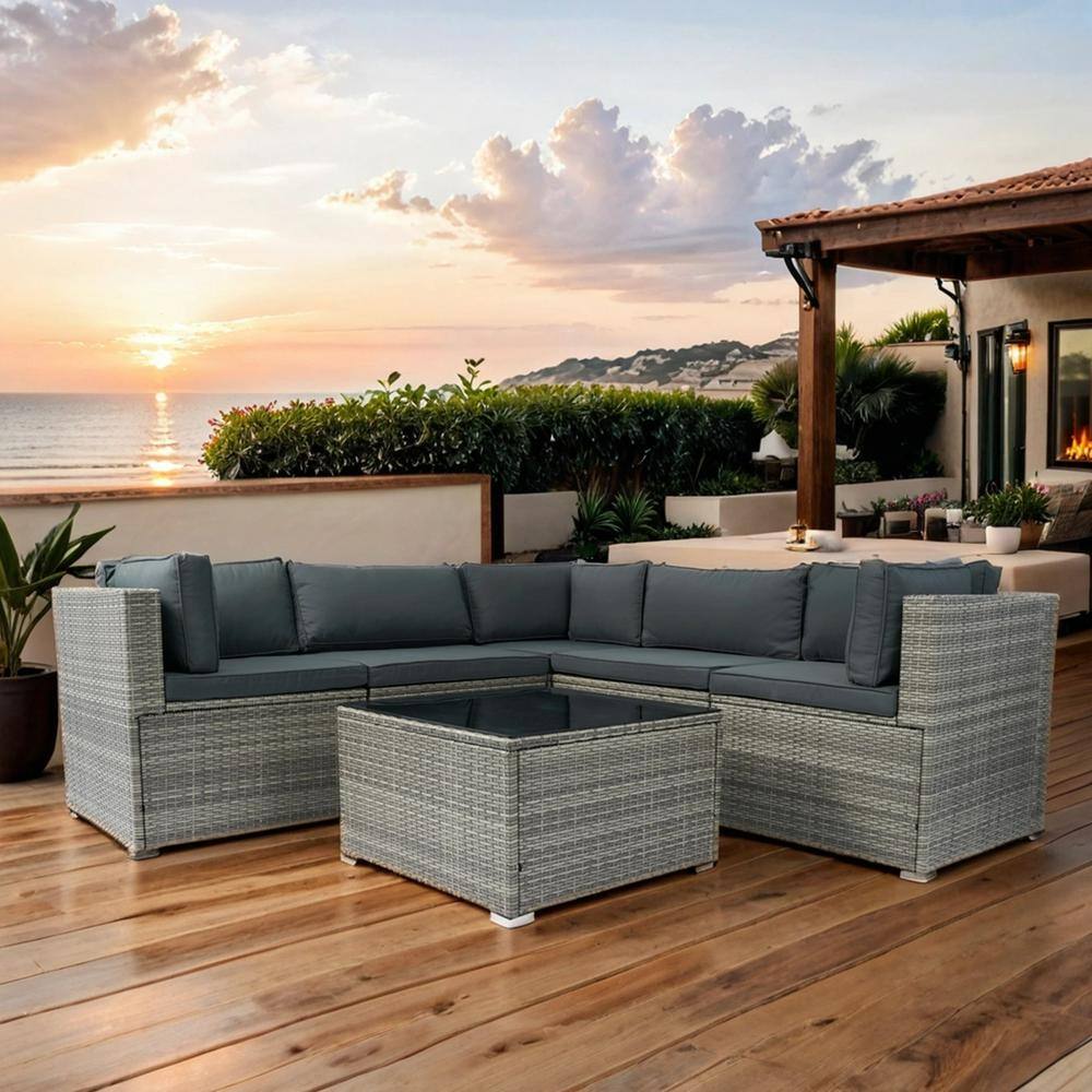 6-Piece Gray PE Rattan Wicker Outdoor Sectional Sofa Set with Dark Grey Cushions