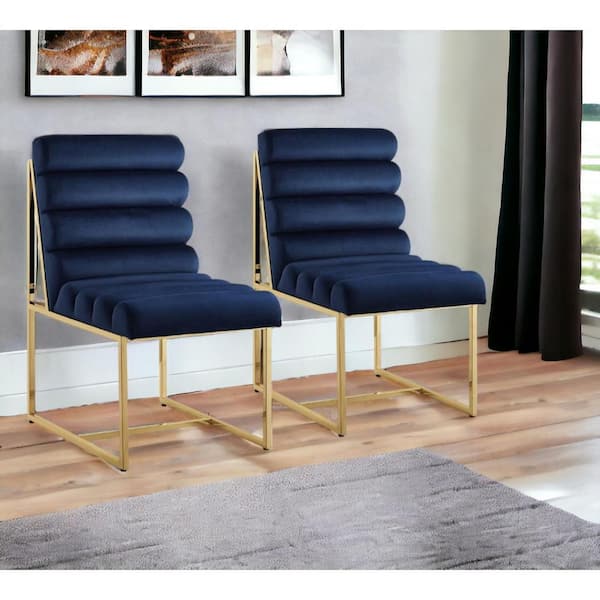 HomeRoots Tufted Navy Blue And Gold Upholstered Velvet Side Chair (Set Of 2)