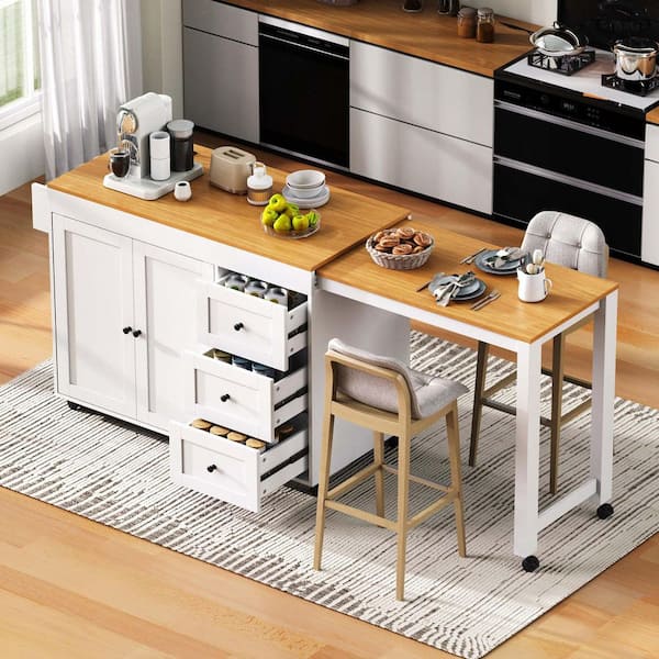 White Wood 74.8 in. Rolling Kitchen Island Storage Cart with Extendable Dining Table, 3 Drawers, Power Outlet