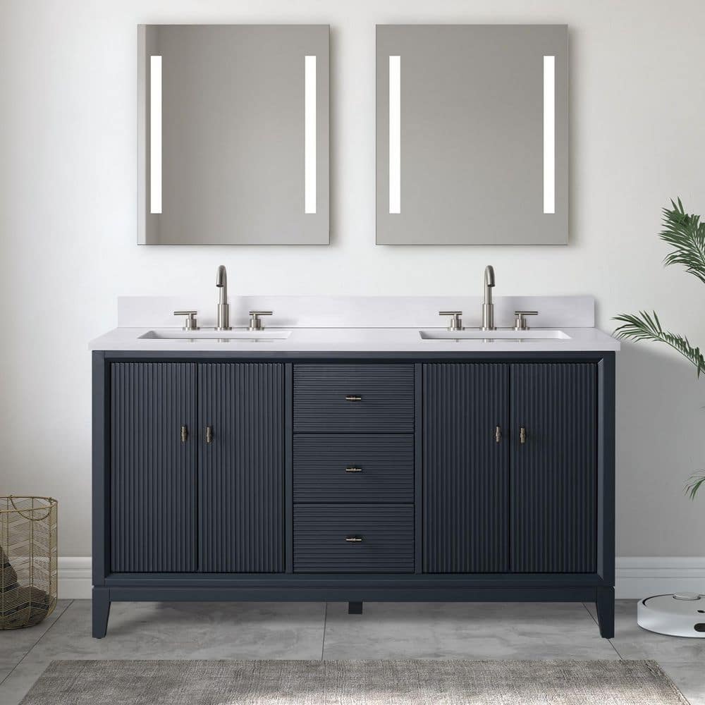 60 in. W Double Sink Freestanding Vintage Spruce Blue Bath Vanity Cabinet with Ariston White Engineered Marble Top price history on PriceWatchPro