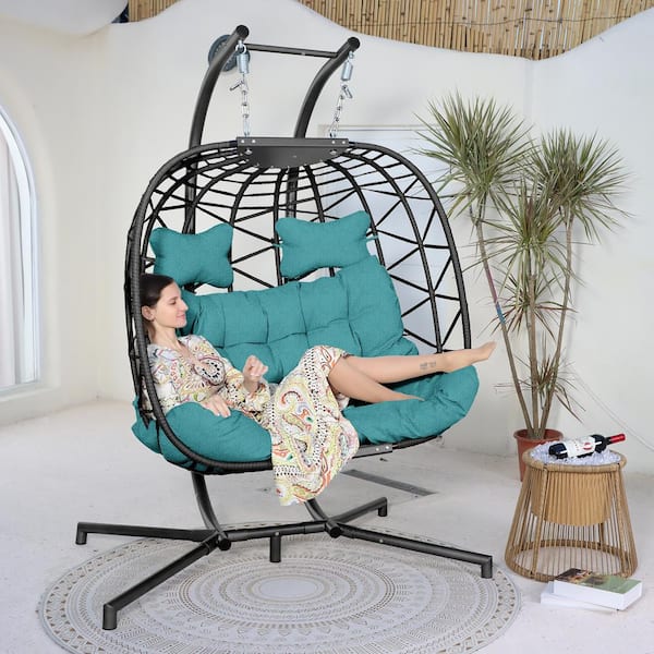 NICESOUL Extra Large Gray Wicker Double Seat Patio Swing Hanging Egg Chair with Black Stand and Turquoise Cushions