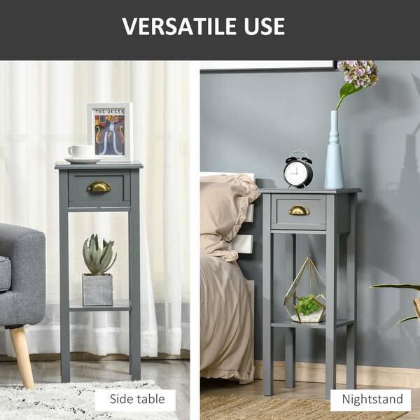 Homcom 2 Tier Night Stand with Drawer Narrow End Table with Bottom Shelf for Living Room or Bedroom Grey