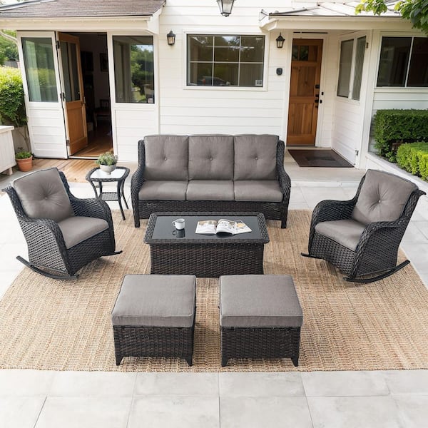 Carlos Gray 7-Piece Brown Wicker Patio Conversation Set 3-Seat Sofa with Rocking Chairs, Coffee Table and Ottomans