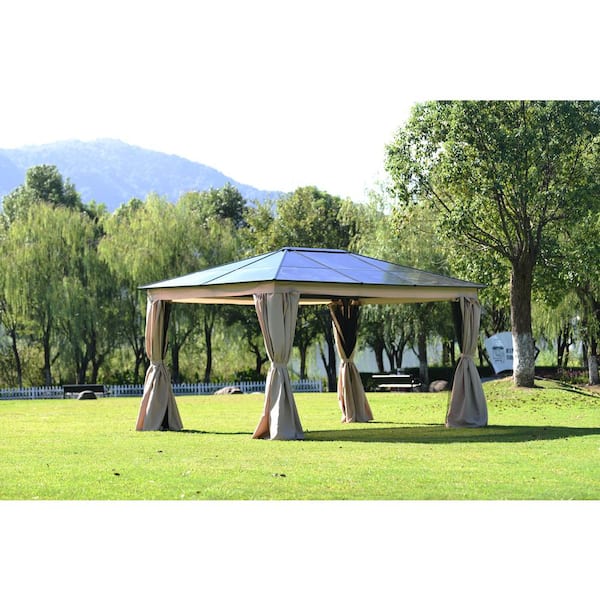 Patio 13 ft. x 9.8 ft. Beige Aluminum Garden Paito Gazebo with Polycarbonate Roof