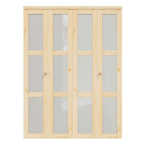 60 in. x 80 in. 3-Lite Pine Wood Tempered Frosted Glass and Solid Core Finished MDF Closet Bi-fold Door with Hardware
