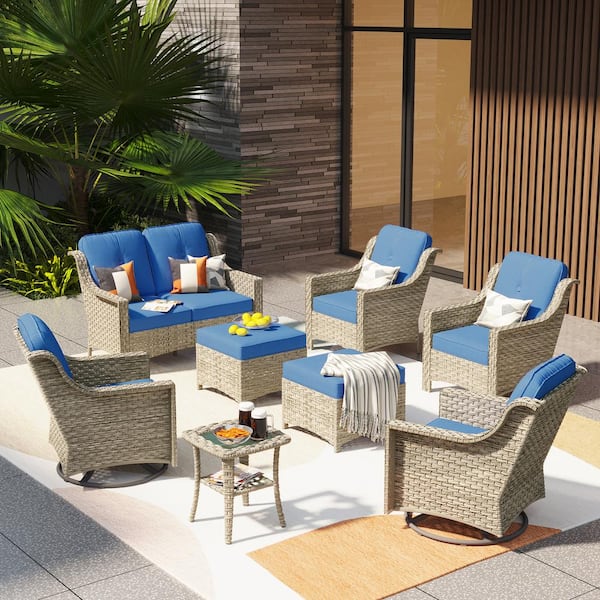 XIZZI Leila 8-Piece Wicker Patio Conversation Seating Sofa Set with Blue Cushions and Swivel Rocking Chairs