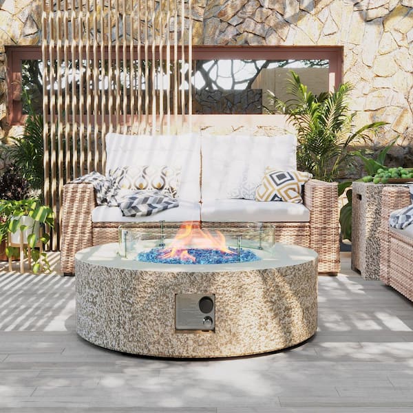 42in. 50000BTU Outdoor Beige Round Magnesium Oxide Fire Pit Table with Glass Cover and Propane Tank Cover