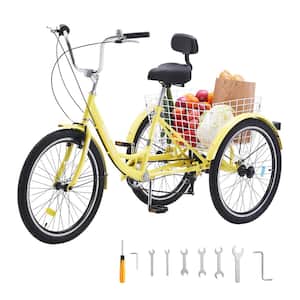 Adult Tricycles Bike 7 Speed Adult Trikes 24 in. 3-Wheeled Bicycles Carbon Steel Cruiser Bike, Yellow