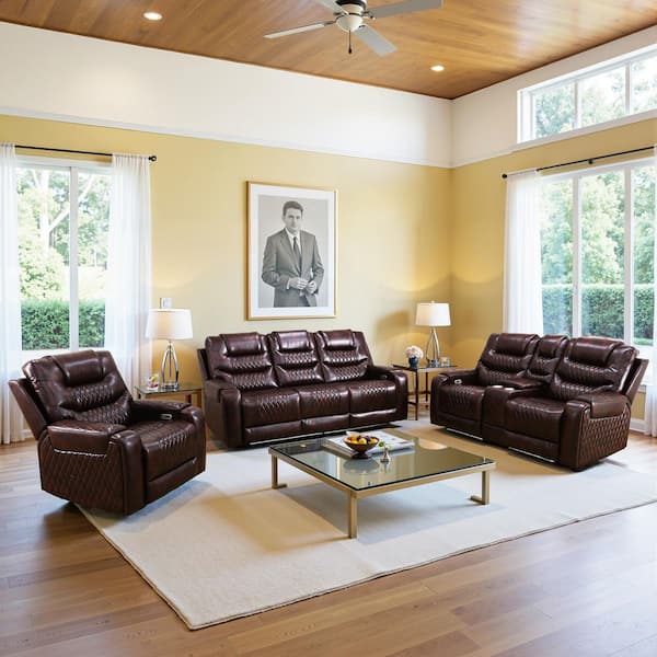 200 in. Overall 3-Piece Straight Arm Breathing Leather Rectangle Recliner Sofa Set in Brown, 6-Seats Sectional with USB