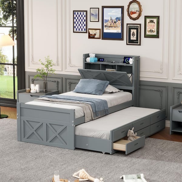 Gray Wood Frame Twin Size Platform Bed with Storage Headboard, Outlets, Twin Size Trundle and 3 Storage Drawers