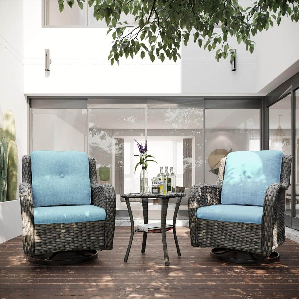 JOYSIDE 3-Piece Wicker Patio Conversation Set With Sky Blue Cushions ...