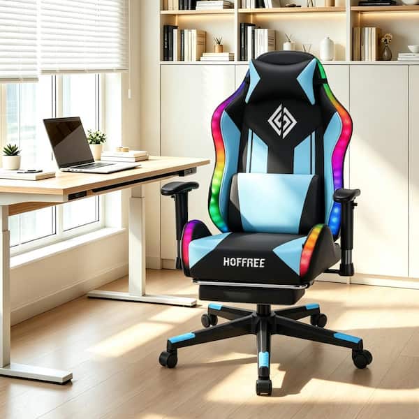 LED Faux Leather Gaming Chair with Lumbar Support Ergonomic Computer Chair in Blue and Black with Adjustable Arms
