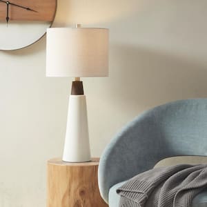 Tristan 25 in. White Base/Cream Shade Triangular Ceramic and Wood Table Lamp