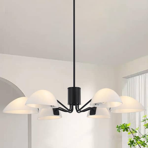 LWYTJO 6-Light Black Farmhouse Chandelier Light Fixture with Milk Glass Shades
